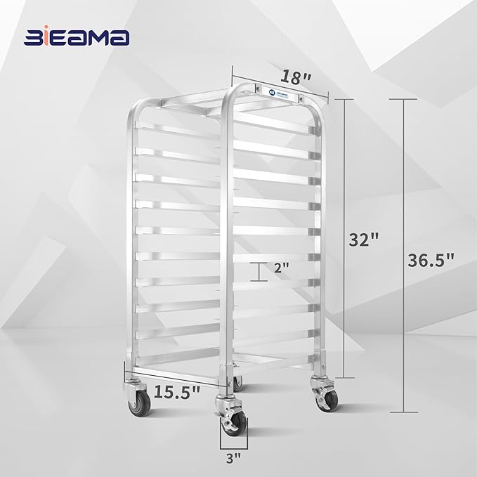 BIEAMA 10-Tier Sheet Pan Rack, NSF Aluminum Bun Pan Rack | Bakery speed Rack for Home Commercial Kitchen Bakery Cooling, 4 Wheels