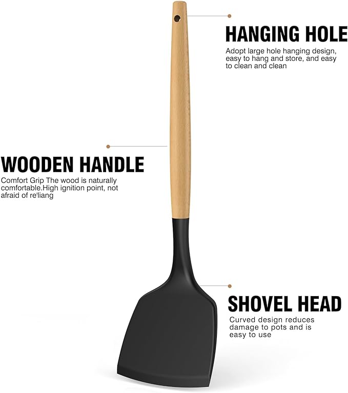oannao Silicone Cooking Utensils Set Utensil Sets - 446°F Heat Resistant Silicone Kitchen Utensils Set Wooden Handles, Silicone Utensils for Cooking w Holder for Non-Stick Cookware BPA FREE (Black)