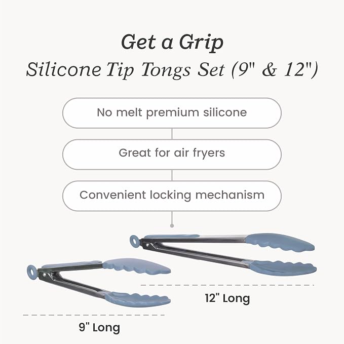 Starpack Get a Grip Silicone Kitchen Tongs (2-Pack, 9" + 12") - LFGB Non Toxic, 600°F Heat Resistant, BPA-Free - Heavy-Duty Stainless Steel, Locking - Dishwasher Safe for Nonstick Cookware Light Blue