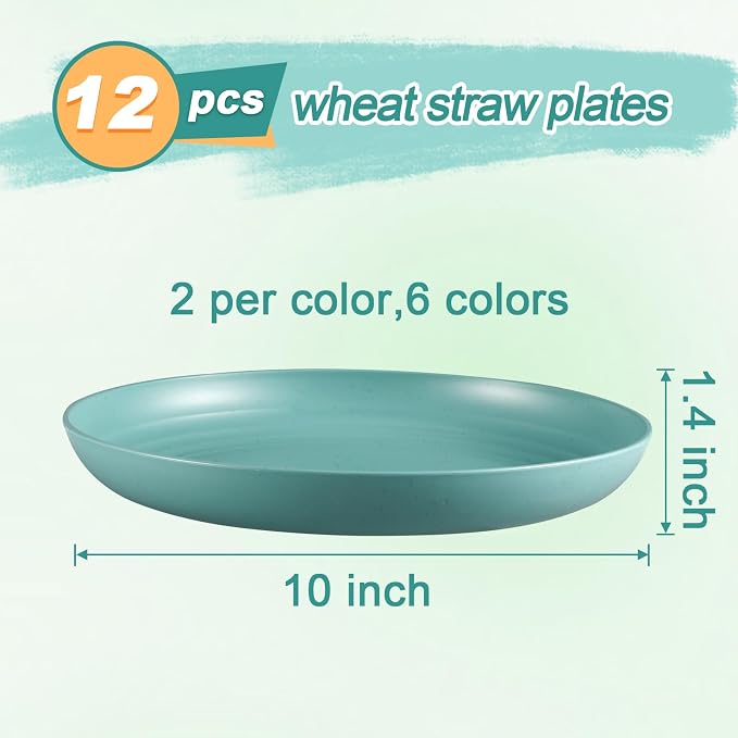 HEYCOME 12 Pcs Unbreakable Deep Dinner Plates Set, 10 inch Reusable Plastic Wheat Straw Plates, Microwave and Dishwasher Safe Plate for Kitchen, Lightweight Plate for Dessert, BPA Free, 6 Colors