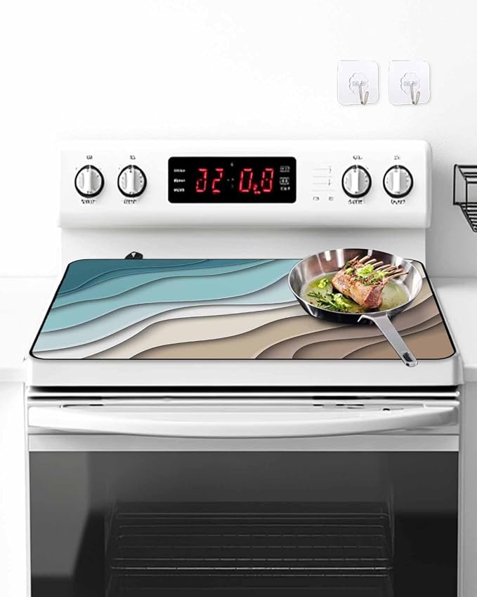 Stove Top Covers for Electric Stove 28.5x20.5 Inches,Teal Brown Ombre Cream HeatResistant Glass Cooktop Protector,Modern Geometric Sea Waves Abstract Ceramic Stovetop Countertop Covers Mat,Oven Cover