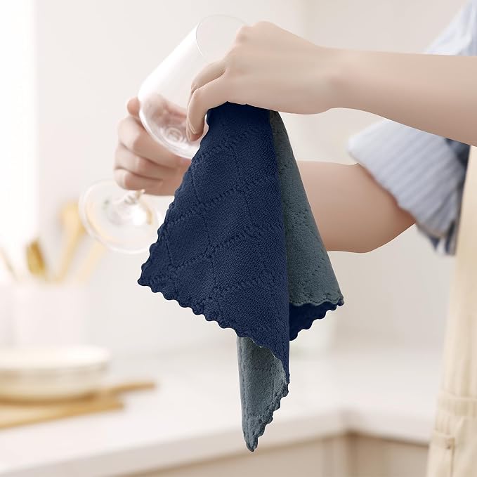 Homaxy 12 Pack Super Soft Dish Cloths, 10" x 10", Dark Grey & Navy Blue | Coral Velvet, Nonstick Oil Fast Drying Microfiber Cleaning Cloth, No Lint Household Dishcloths