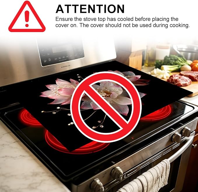 Pink Pearl Lotus Flower Black Stove Top Cover 28.35x20.47in Glam | Pink pearl lotus flower black stove top cover 28.35x20.47 in; modern glam cooktop mat dishwasher safe machine washable
