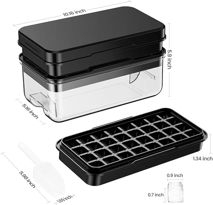 1" Ice Cube Tray with Lid and Bin, Easy Release 64 Cubes for Freezer | Food-grade BPA-free PP and ABS. 1" x 64pcs ice cubes for fruit whiskey, cocktails. Space-saving, stackable with scoop