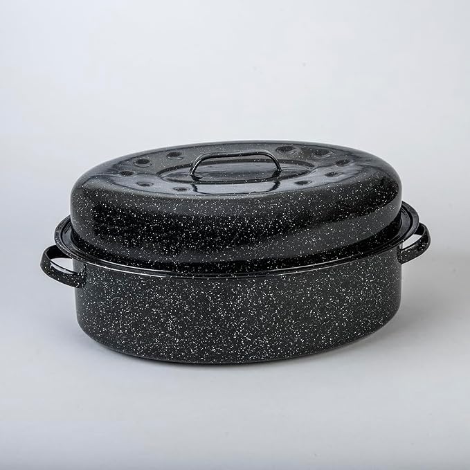 Granite Ware Covered Oval Roaster, 20 Lb Capacity - Speckled Black | Porcelain Surface Enamel Steel Roasting Pan with Lid, Oven & Grill Safe Cookware for Poultry, Meats, Vegetables & Roasting