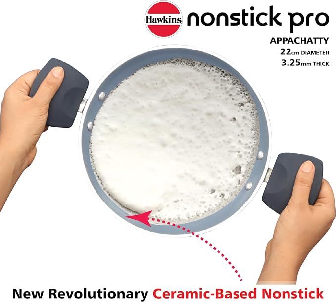 Hawkins Nonstick Pro 0.9 Litre Appachatty, Mini Kadhai, Appachatti, Appachetty, Appam Pot Maker, Deep Fry Pan with Glass Lid, Granite Kadai