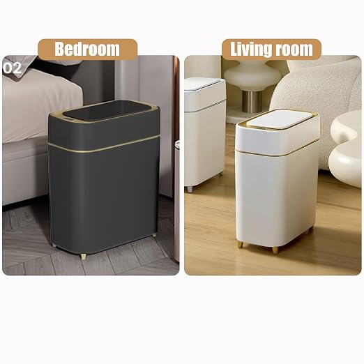 Automatic Bathroom Trash Can with Touchless Lid - Motion Sensor Trash Can | Bathroom, Bedroom, Kitchen, Laundry room, Small Spaces - Slim Smart Trash Bin - Black with Gold Edge, 1Pack