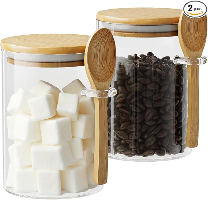 15 oz Glass Sugar Container, 2 Pack Coffee Container, Glass Jars with Lids | Seal, BPA-Free, Bamboo Soop, Coffee Bar Accessories, for Coffee Beans, Creamer, Salt, Overnight Oats, Brown sugar, Candy, Tea