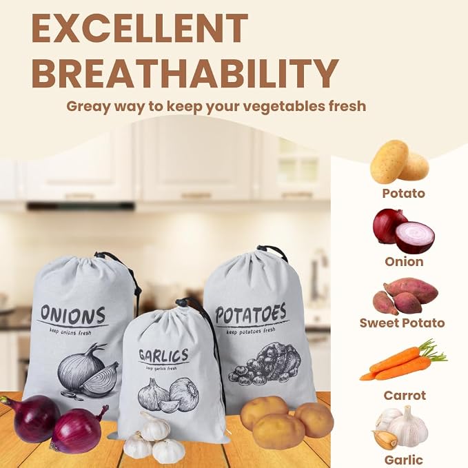Potato Onion Garlic Storage Bag, Reusable Potato Onion and Storage Bag for Pantry, Vegetable Storage Bags with Drawstring Closure, 3 Packs (Potato Onion Garlic Bag)