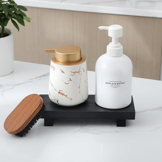 Wood Bathroom Tray Farmhouse Decor Kitchen Soap Holder, 8.7" x 3.6" Black | Waterproof, Lightweight, Easy Clean, Small Wooden Riser Pedestal Stand Accessories for Office Desk, Vanity, Counter, Sink