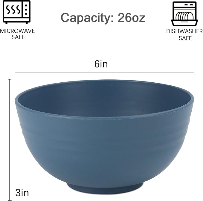 Soup Bowls, Cereal Bowl, Premium Wheat Straw Bowls Set of 8, Unbreakable Plastic Bowls Microwave Safe, Dishwasher Safe Serving Bowl for Kitchen, Breakfast, Dinner, Salad, Poke (Blue, 26 OZ)