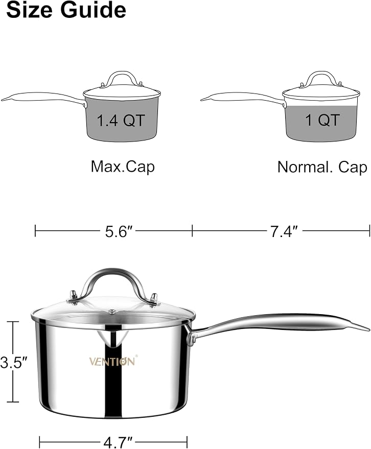 VENTION Tri-Ply Stainless Steel 1.4 Quart Induction Saucepan with Lid | Small Sauce Pan with Pour Spout, Small Cooking Pot for Tea and Milk