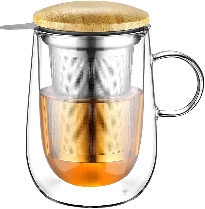 Tea Infuser Mug 14.5oz Insulated Heatproof Glass Tea Cup with Removable Infuser and Lid, Clear Glass Teacup 430ml Double Wall Borosilicate Glass Teacup for Loose Tea, Gifts for Parents Dad Mum