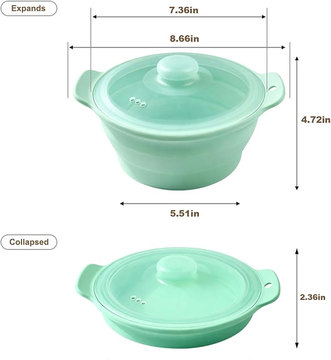 42oz Silicone Microwave Steamer For Cooking, Collapsible Food Steamer For Vegetable, Seafood, Soup, Leftovers, Rice Cooker, BPA Free Small Steam Pot with Handle & Lid, Dishwasher Safe (Green), 1 Pack