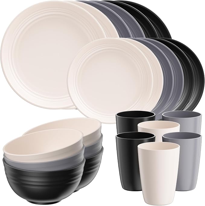 Quatish 24 Pcs Unbreakable Plates and Bowls, Plastic Dinnerware Sets for 6, Reusable Dish Set for Camping, Dishwasher Microwave Safe, Outdoor Kitchen and Apartment Dinning RV Essentials, Grey