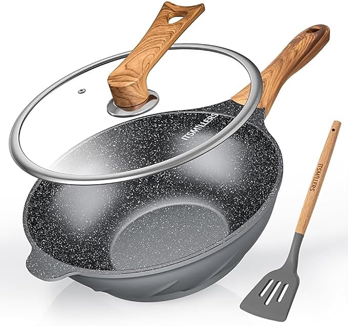 ITSMILLERS Nonstick Wok and Stir Fry Pan 12.5 inch with Spatula, Die-cast Aluminum Scratch Resistant Healthy Wok with Free-standing Lid
