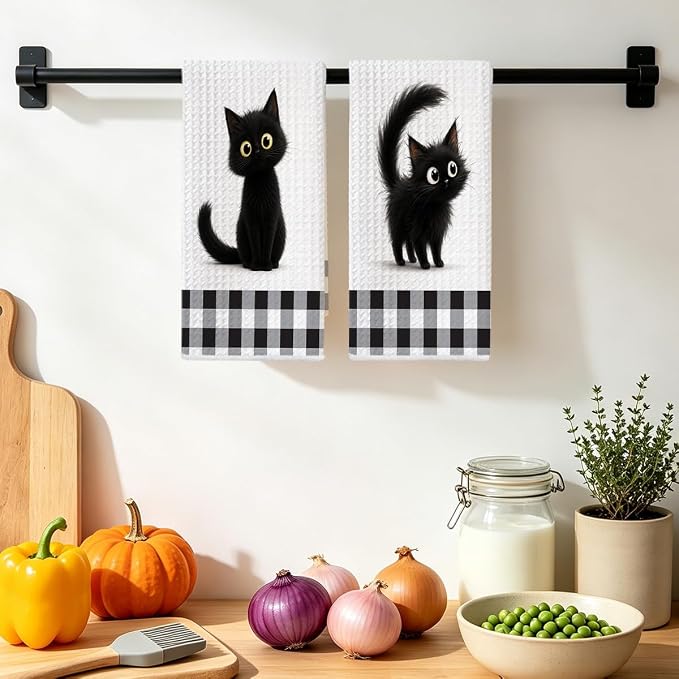 Jztco 2 Pcs Cute Cat Kitchen Towels, Cat Gifts Reusable Hand Towels-2 | Cat Dish Cloths for Drying Dishes, Cats Waffle Dish Towels for Kitchen Bathroom Decor, Cat Lover Gifts for Women Grandma Mom