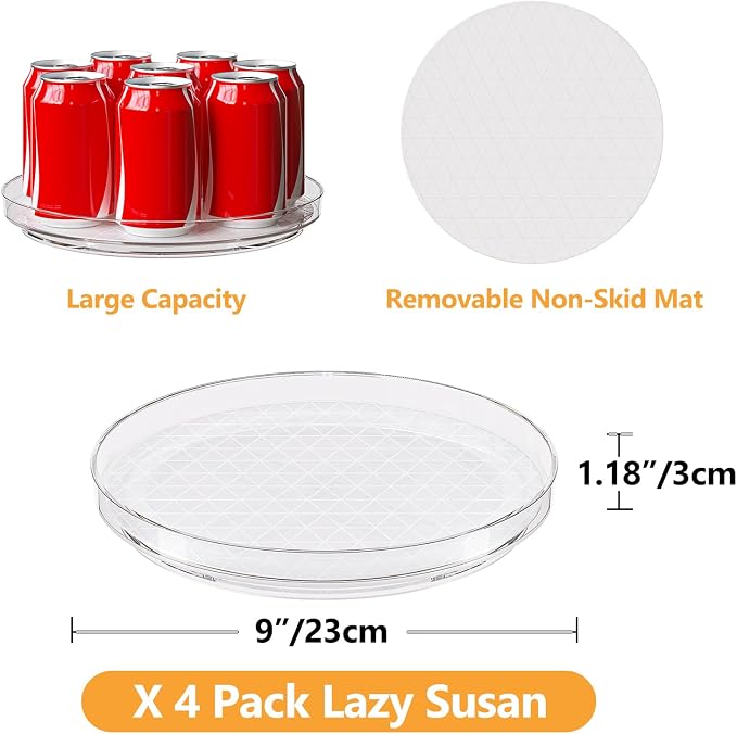 4 Pack Lazy Susan Turntable Organizer with Non-Slip Mat, 9 Inch, Clear | 360 Rotating, Easy Clean, Spice Rack for Kitchen Counter, Pantry Cabinet, Fridge, Spinning Tray for Bathroom, Makeup Vanity