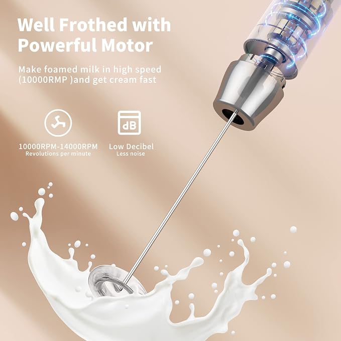 Maestri House LunaFro Rechargeable Milk Frother,Stand & 2 Detachable Whisks | 8000RPM Turbo Motor, 1200mAh lithium battery, Handheld Milk Frother for Lattes, Cappuccino, Matcha & Powdered Supplements