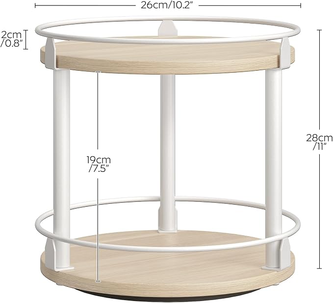 Lazy Susan Organizer, Rotating Spice Rack, 2 Tier Spice Turntable Organizer, Industrial Turntable Spice Holder, for Kitchen Countertop, Compact and Versatile, White and Light Oak SR22WG