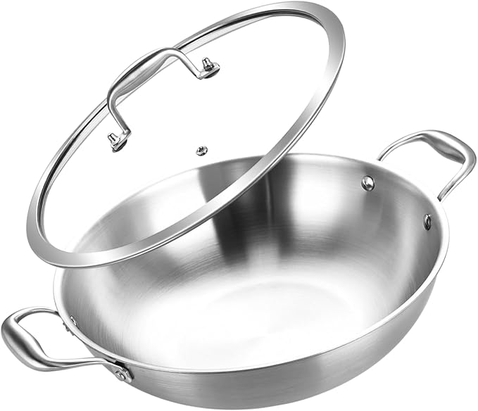 Inqibee 10 Inch Stainless Steel Wok Pan with Lid, Riveted Handle | Uncoated Tri-Ply Stainless Steel Stir Fry Pan, Everyday Cooking Wok for Induction, Flat Bottom, Dishwasher & Oven Safe