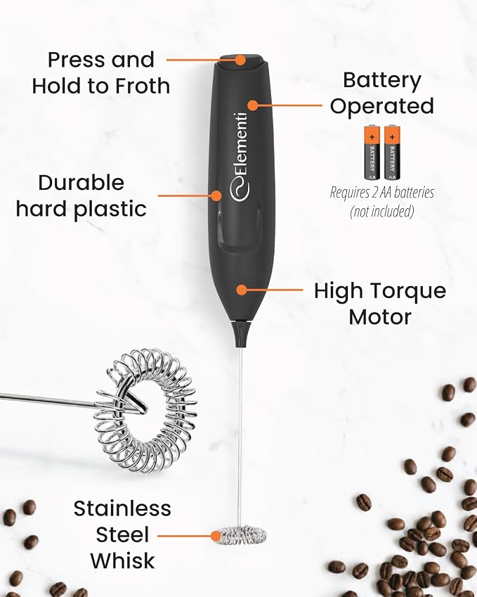 Elementi Frother Wand – Powerful Milk Frother & Coffee Stirrers Electric, Matcha Whisk for Dreamy Lattes, Powerful Coffee Mixer Wand & Blender Stirrer - Make Creamy Cappuccinos at Home (Black)