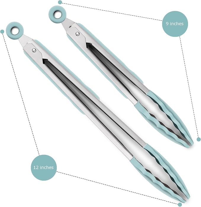 2 Pack Silicone Kitchen Tongs, 9 & 12 Inch, Stainless Steel, Aqua Sky
