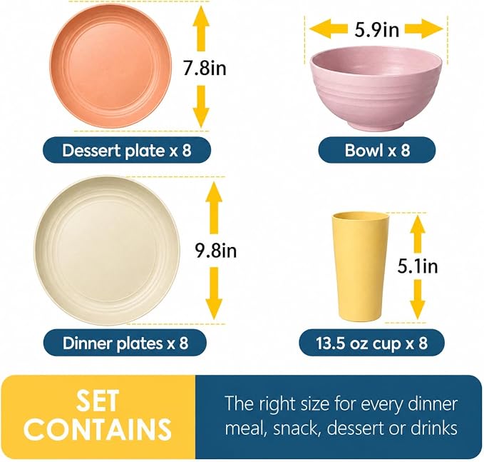 Teivio 32-Piece Plates and Bowls Sets for 8, Pink Ombre Dinnerware Sets | 13.5oz Cups, Plastic Wheat Straw Unbreakable Dish Set, Dishwasher Safe, for Outdoor Camping RV Apartment Essentials Plate Set