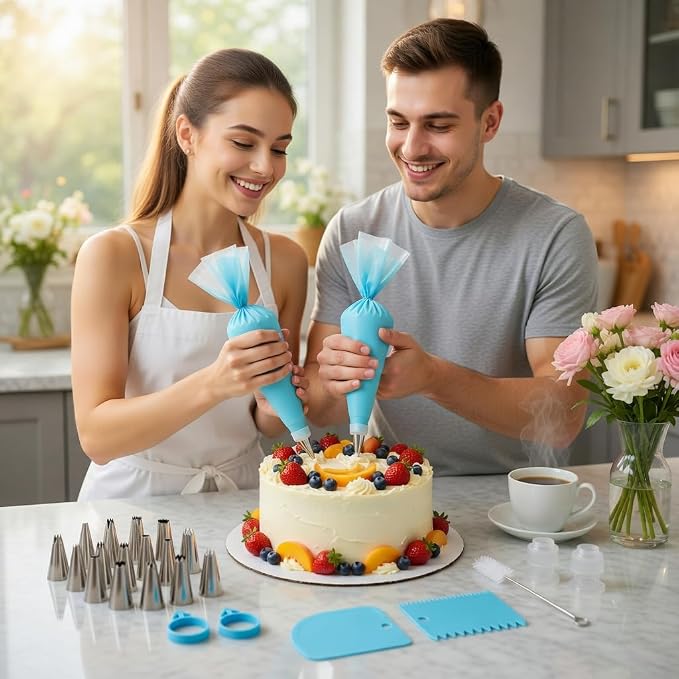 Piping Bags and Tips Set, Reusable Cake Decorating Kit | Beginner-Friendly for Home Bakers Using Icing Bags and Tips to Frost Cakes, Cupcakes, Cookies, Pastries and Desserts at Home