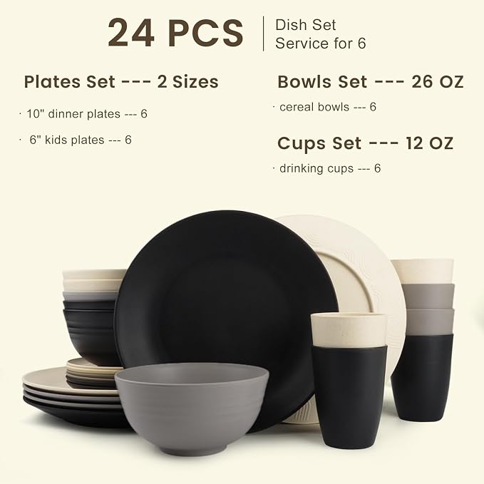 Wheat Straw Plates and Bowls Set, Lightweight & Unbreakable Dinnerware Set for Kitchen, Parties, Holidays, Microwave and Dishwasher Safe Dish Set - Plate Sets, Bowls, Cups, 24pcs (Grey Stone)