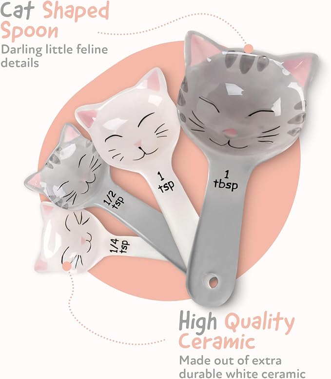 Cat Shaped Ceramic Measuring Spoons - Gift for Any Cat Lover - Cat Ceramic Measuring Spoons Baking Tool - Creative Functional Kitchen Decor - Comes in White and Gray - Set of 4