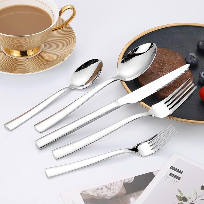 Silverware Set for 4, 20-Piece Stainless Steel Flatware Cutlery Set, Square Edge Kitchen Utensil Include Knives/Forks/Spoons, Tableware for Home/Hotel, Mirror Polished Dishwasher Safe