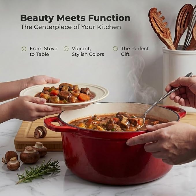 Zulay Kitchen 5 Quart Enameled Cast Iron Dutch Oven Pot with Lid – Premium Durability & Oven Safe up to 500°F – Heavy Duty Cookware Perfect for Bread Baking, Stews, Braising & Roasting – Ablaze Red