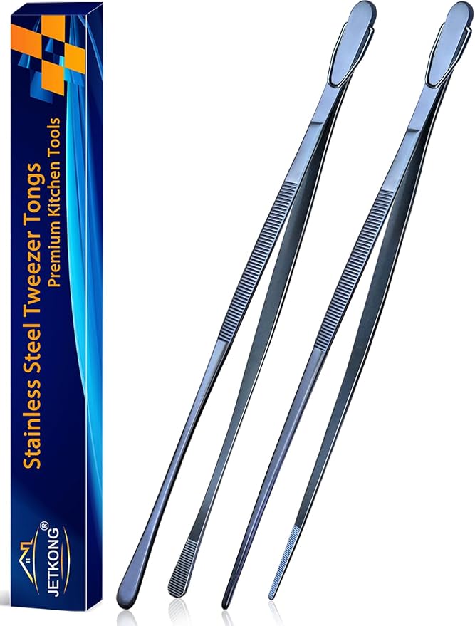 JETKONG 2 Pcs 14-Inch Cooking Tweezer Tongs Extra- Long Stainless Steel Kitchen Tweezers Plating Tongs (Navy Blue)