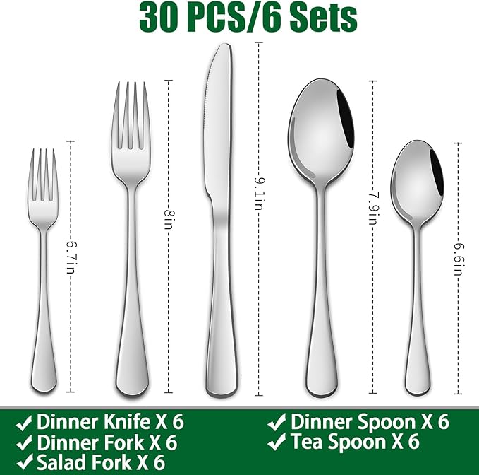 DEHOV 30 Pieces Silverware Set, Premium Stainless Steel Flatware Set Service for 6, Mirror Polished Tableware Cutlery Set for Home Kitchen, Restaurant, Hotel
