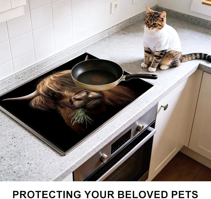 Highland Cow Stove Top Cover, Brown Highland Cow Farmhouse Style | Non-Slip Washable Cooktop Protector Mat for Glass & Electric Stoves, 28.4 x 20.5 in