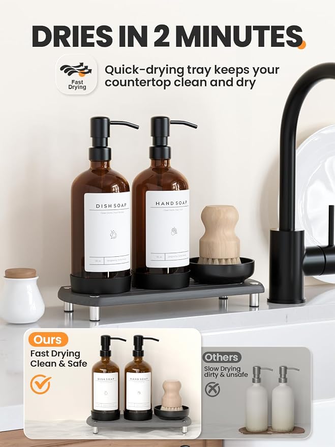 [Luxury] Kitchen Soap Dispenser Set - 16OZ Amber Glass Bottle, Stainless Steel Pump, Instant Dry Tray, Waterproof Labels, Non-Slip Silicone Pad, and Dish Brush | Upgrade for Your Kitchen and Bathroom