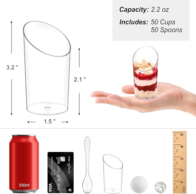 100 Pcs 2.2 oz Mini Dessert Cups with Spoons, Serves 50 | Small Plastic Dessert Shooter Cups, Parfait Shot Glasses, Slanted Tiny Cups for Cheesecake, Mousse, Pudding, Jello, Triffle