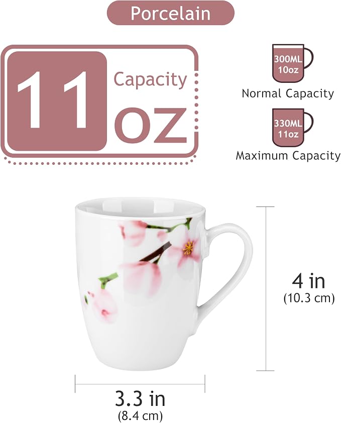 VEWEET Coffee Mugs Set of 6, 11 OZ Floral Ceramic Mugs, ANNIE | 11 OZ Floral Ceramic Coffee Mugs ANNIE Series, Microwave and Dishwasher Safe, Perfect for Tea, Coffee, and Gifting