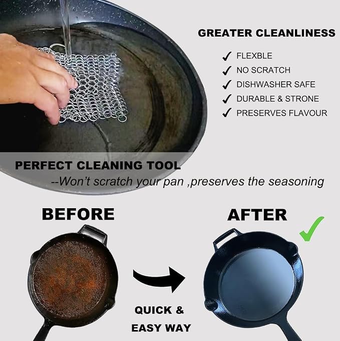 Cast Iron Skillet cleaner 316L Stainless Steel Chainmail Scrubber for Cast Iron Pans,Glassware Dutch Oven Skillet Wok
