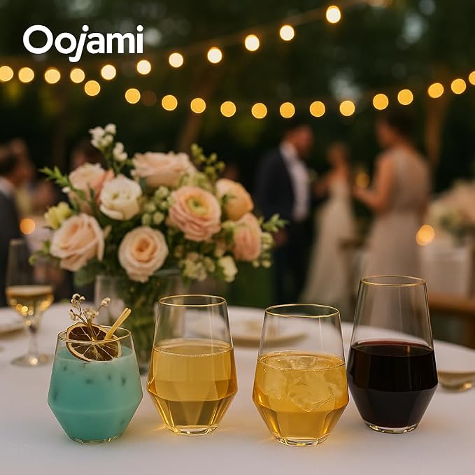 Oojami 48 Pack Plastic Champagne Flutes and Wine Glasses, Diamond Gold Rim | Stemless 9oz Flutes, 12oz Cocktail Cups, Mimosa Glasses, BPA-Free Shatterproof Reusable Recyclable for Wedding Birthday Party
