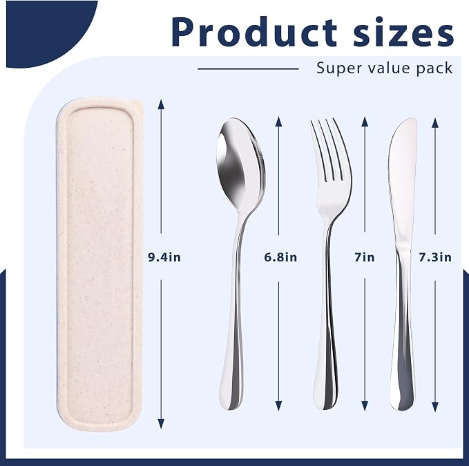 HANSGO Travel Utensils with Case, 4PCS Stainless Steel Portable Cutlery Set, Built-in Card Slot Design for Fixing Tableware, Easy-Open Lid, Lunch Box for Camping Work School, Dishwasher Safe, Beige