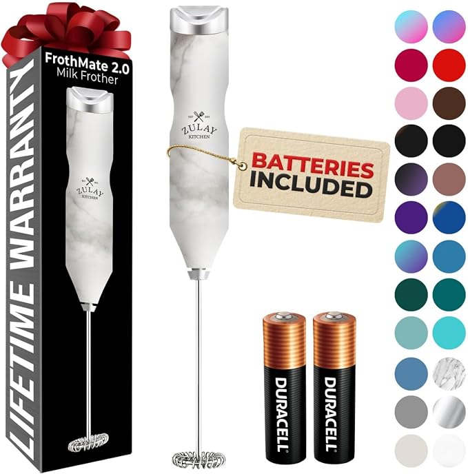 Zulay Kitchen Powerful Frother Wand AA Batteries Included, Ultra Fast Handheld Drink Mixer, Comfort Milk Frother, Stainless Steel Whisker, Frother Handheld for Coffee, Protein & Matcha - Frothmate 2.0