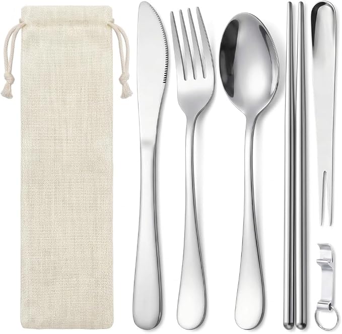 6 Pcs Portable Utensils Set Case Stainless Steel Travel Cutlery Flatware | Portable Cutlery Set, Fork Knife Spoon Chopsticks Silverware for Lunch Box Travel Camping Picnic, Dishwasher Safe Easy Clean
