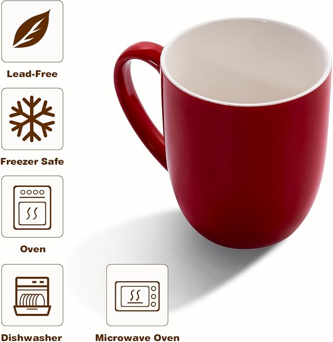 Urbanstrive 16 oz Large Coffee Mugs Set of 4 Ceramic Coffee Mug White Coffee Cups Tea Cups Idea Gift for Women Men House Warming Gifts New Home Office, Red 4 Pack