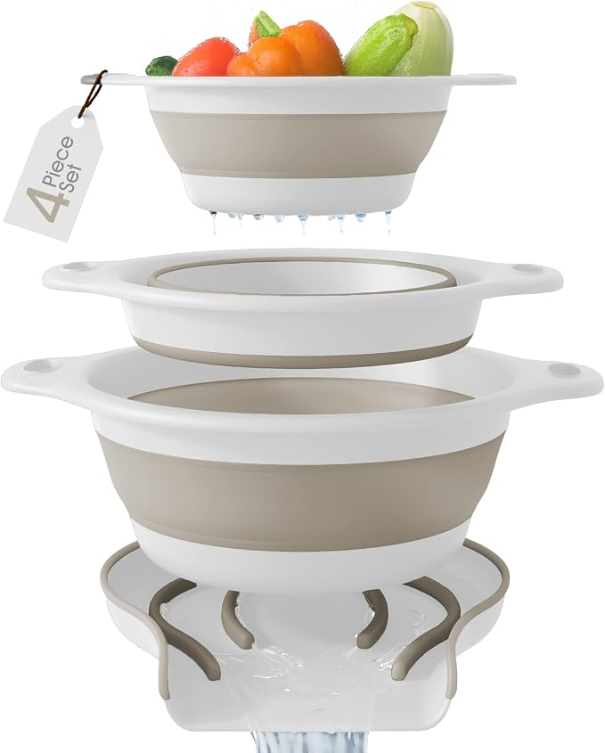 Gevoli Collapsible Colanders (3 Pack Set) Food Strainers with Over-Sink Water Draining Base for Pasta Fruits and Vegetables, White/Beige (3 Sizes, 3QT, 4QT and 5 Quart)