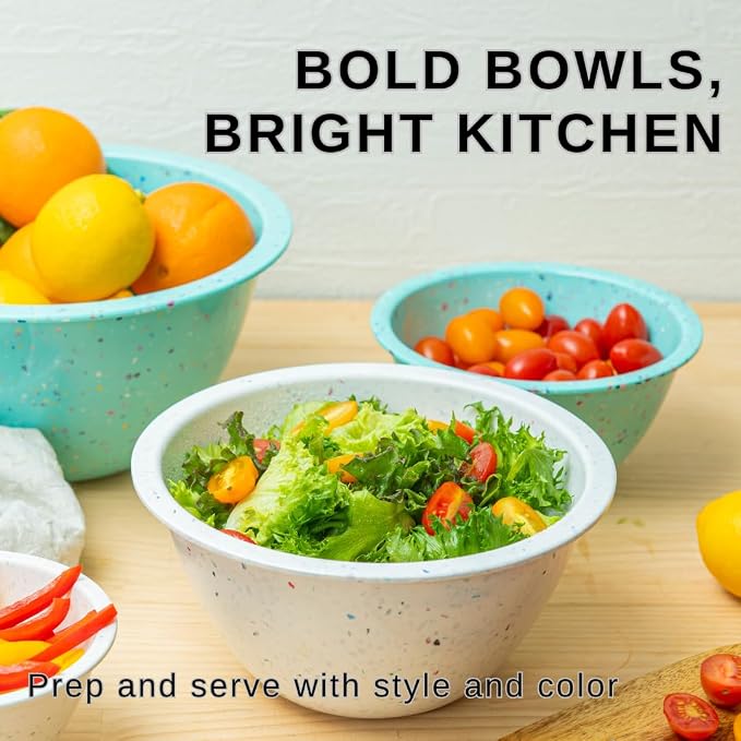 Confetti Melamine Mixing Nesting Bowls Set, 4 Piece 18oz to 4qt Mint | Colorful Kitchen Bowls (18oz, 1.25QT, 2.5QT, 4QT) - BPA-Free, Dishwasher Safe, Space-Saving