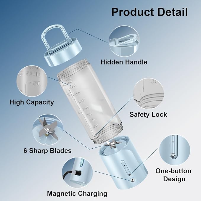 Portable Blender Personal Juicer for Shakes Smoothies with Hidden Handle | 16 Oz Electric Protein Shaker Bottle, USB-C Rechargeable, Mini Small Cordless Blender Cup for Kitchen Travel Gym
