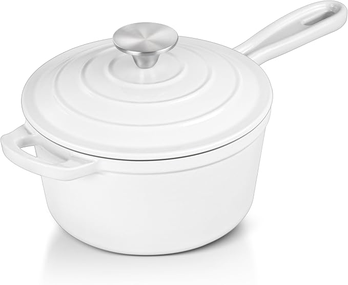 Leonyo 1QT Enameled Cast Iron Saucepan with Lid, Pasta Cookware Pot, White | For All Cooktops Cooking Pasta, Soup, Egg, Up to 500°F & 4.4Lbs