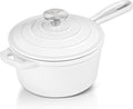 Leonyo 1QT Enameled Cast Iron Saucepan with Lid, Pasta Cookware Pot, White | For All Cooktops Cooking Pasta, Soup, Egg, Up to 500°F & 4.4Lbs